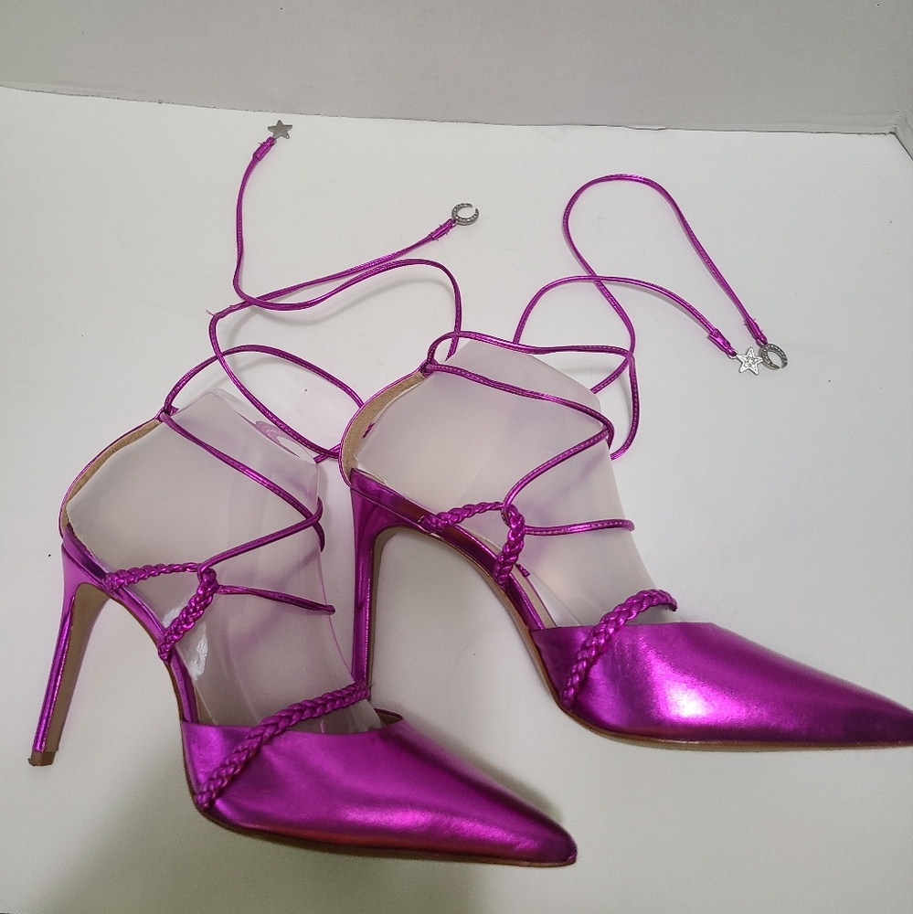 Schutz Lunah Metallic Bright Violet Lace Up Strappy High Stiletto Heels Size 8.5 - Picture 2 of 11